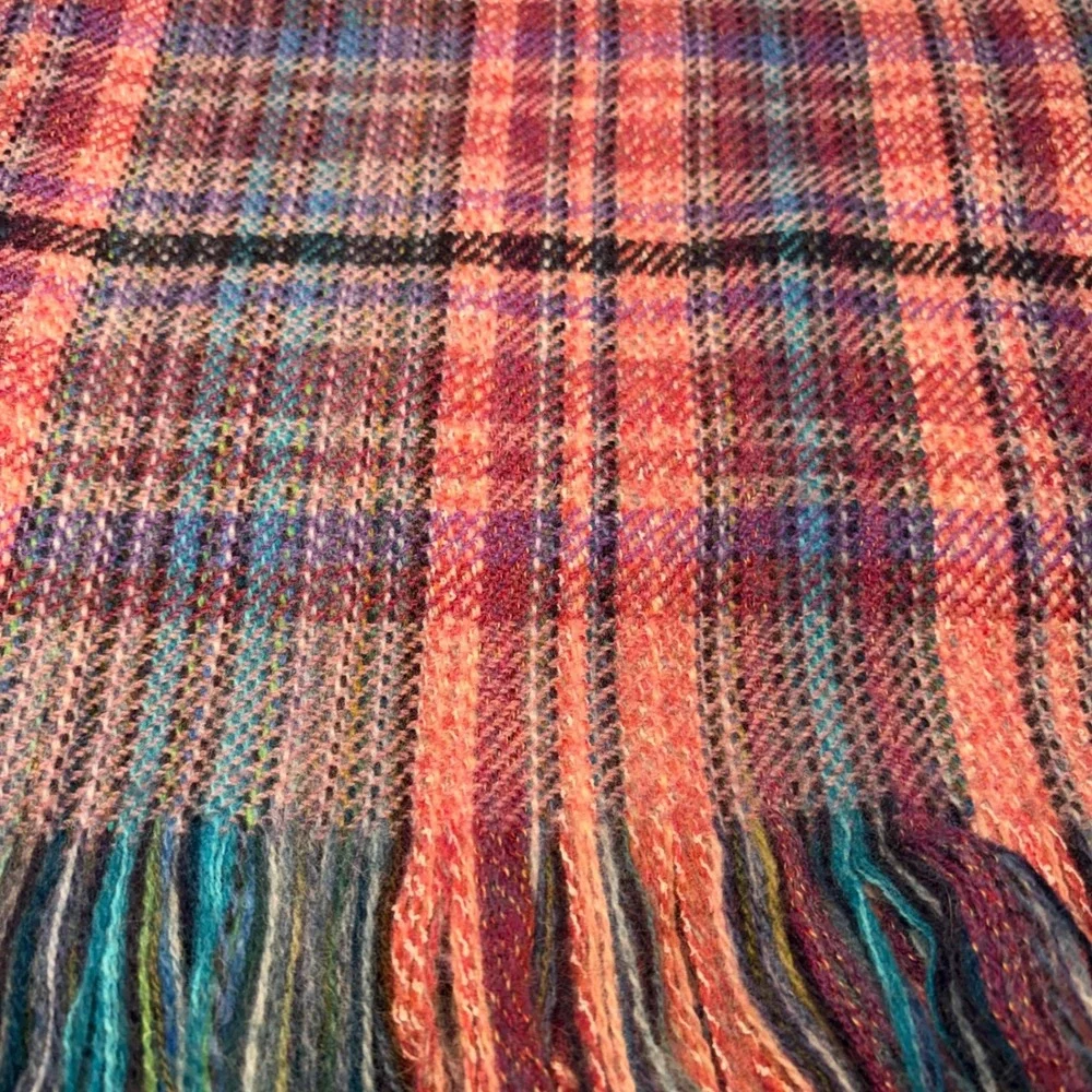 Vintage Kirkburn Mills Scotland Wool Tartan Throw Blanket Pink Blue Fringe 72x59